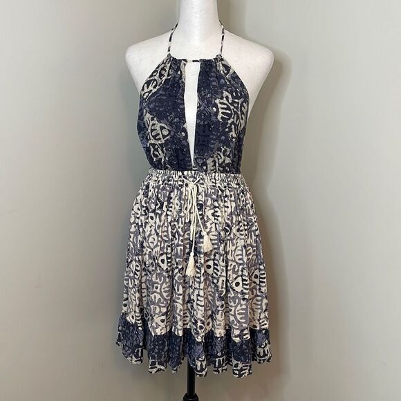Free People Women's Halter Neck Dress Beach Summer Mini Tie Waist Blue Small - Picture 1 of 8